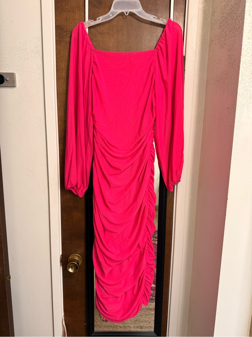 Hot Pink Ruched Long Sleeve Dress